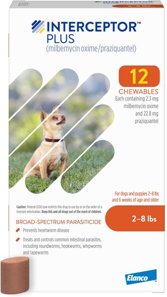 Interceptor Plus Chew for Dogs， 2-8 lbs， (Orange Box)