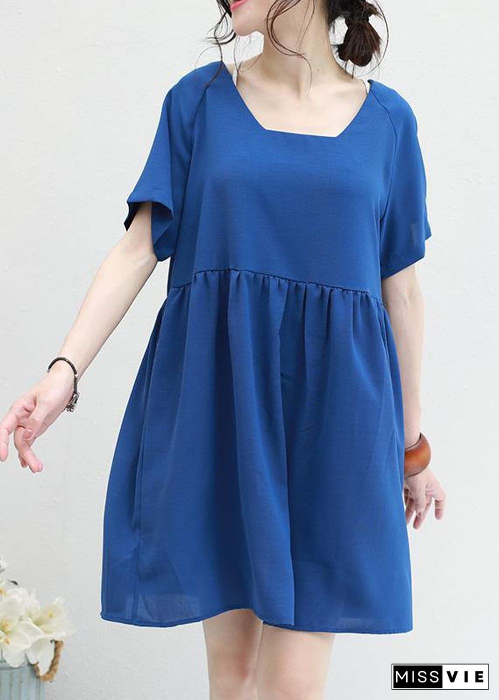 Women two ways to wear chiffon tunic top Sewing blue v neck Dress summer