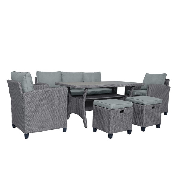 6Piece Outdoor Patio Rattan Wicker Sofa Conversation Set with Cushion and Chair，Stools and Table