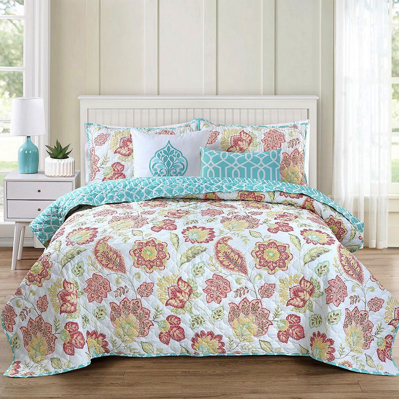 VCNY Home Shaden 5-Piece Coral Reversible Damask Quilt Set