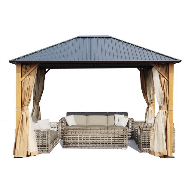 Aoodor Wood Grain Aluminum Gazebo Hardtop Black Steel Roof With Curtain amp netting