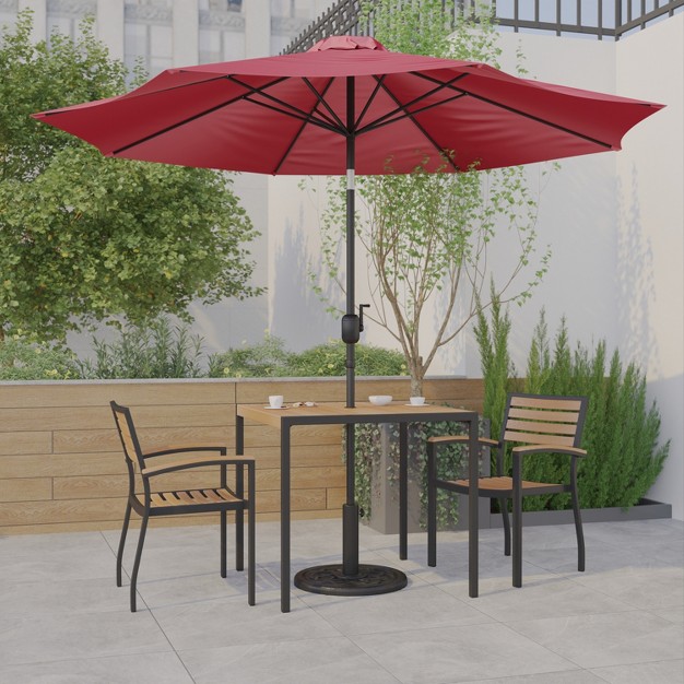 Emma And Oliver 5 Piece Patio Table Set 2 Synthetic Faux Teak Stackable Chairs Faux Teak Table Umbrella With Base