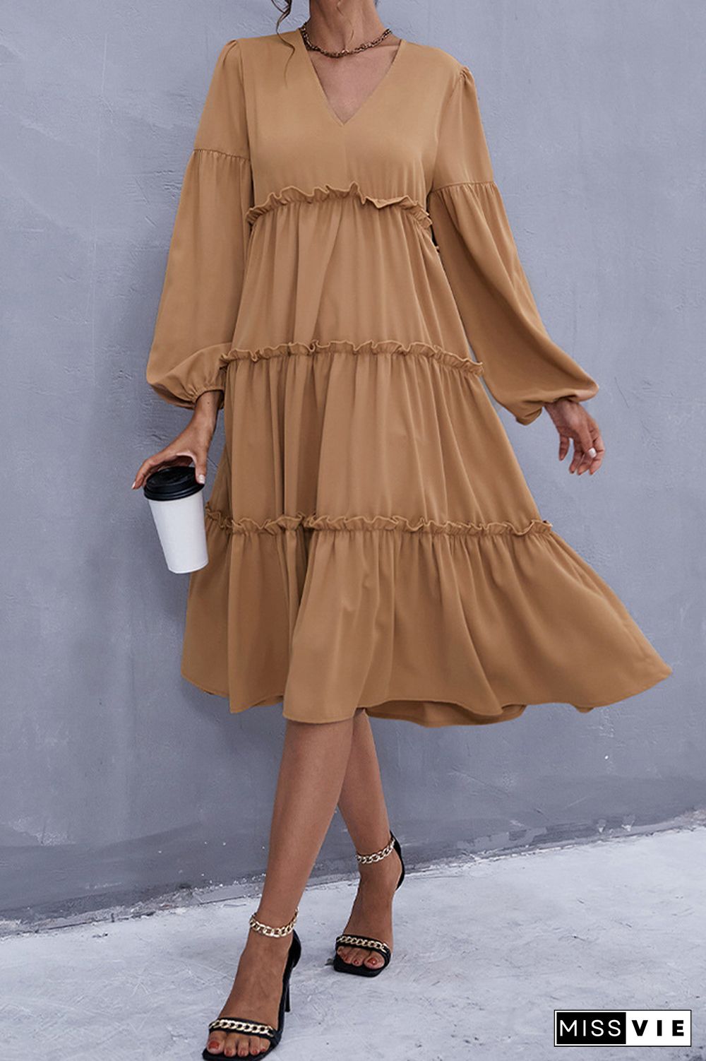 Ruffle V-neck Long Sleeve Dress with Belt Wholesale