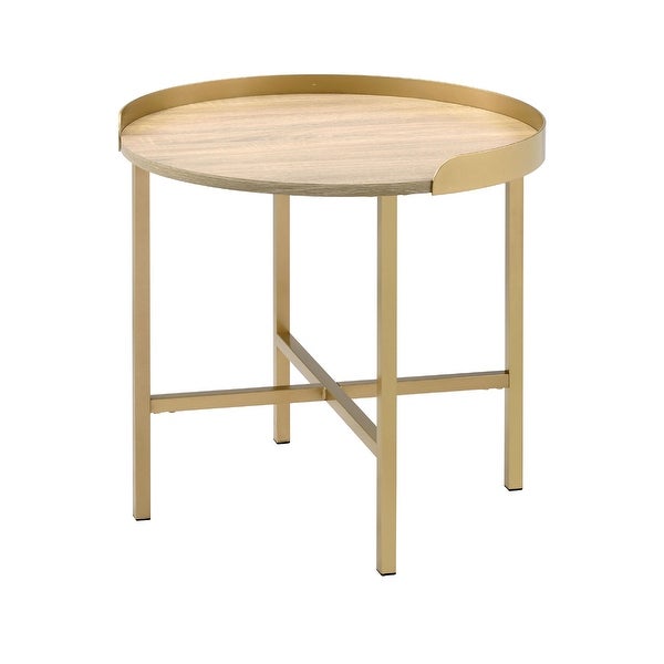 Round Wood End Table Table with Metal Base in Oak and Gold Finish