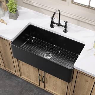 Zeafive 33 in. Fireclay Farmhouse Apron Front Single Bowl Kitchen Sink Matte Black With Bottom Grid and Strainer ZFC3318-B2