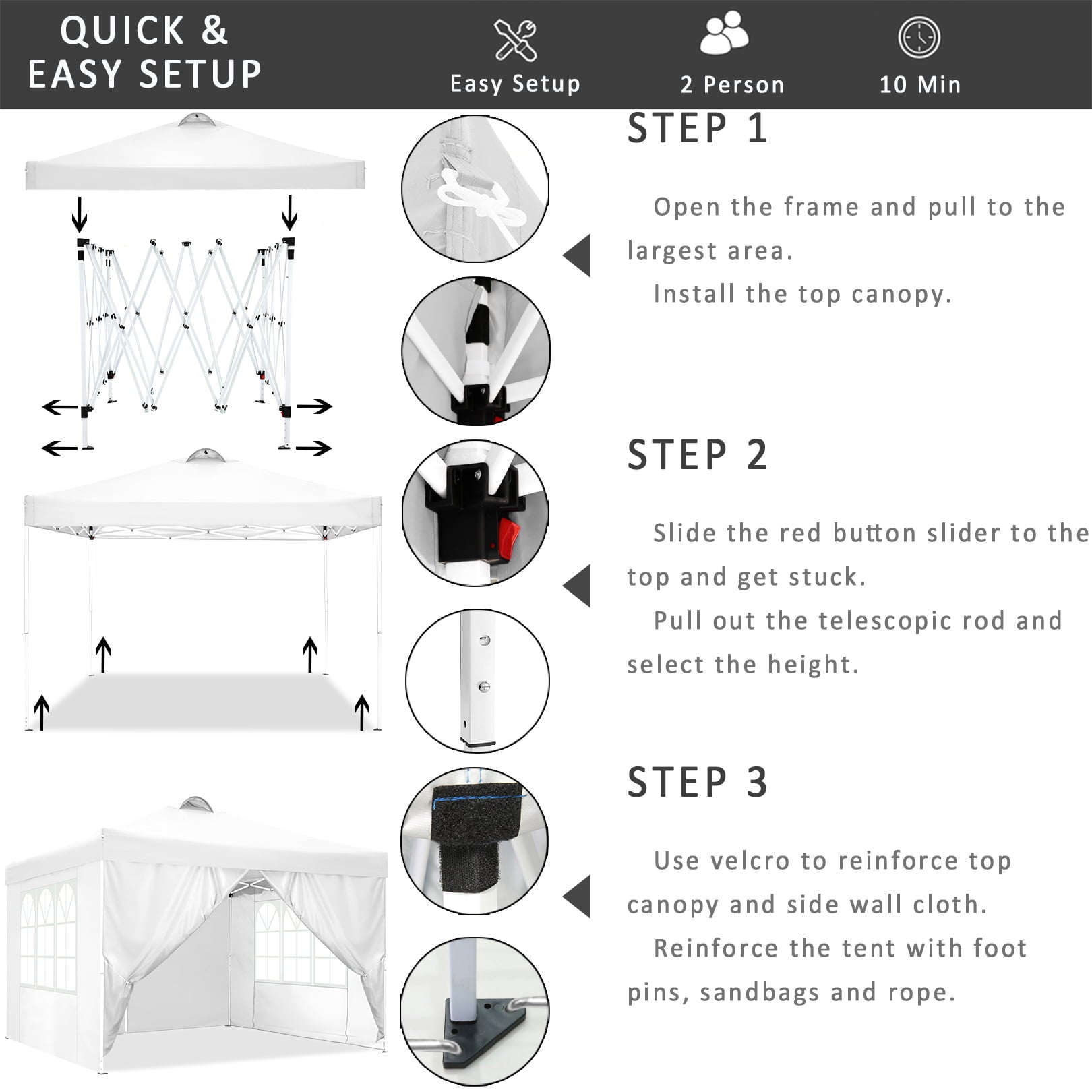 10' x 10' Straight Leg Pop-up Canopy Tent Easy One Person Setup Instant Outdoor Canopy Folding Shelter with 4 Removable Sidewalls, Air Vent on The Top, 4 Sandbags, Carrying Bag, White