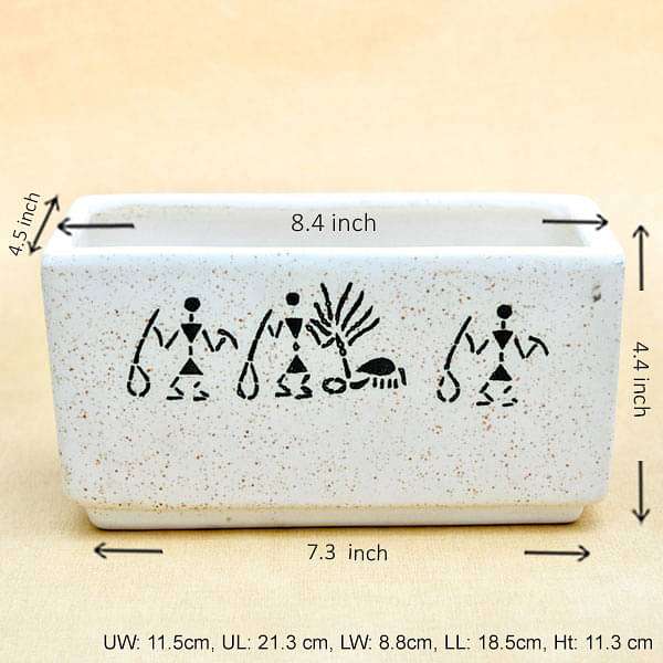 8.4 inch (21 cm) Warli Painting Marble Finish Rectangle Ceramic Pot (White) (set of 2)