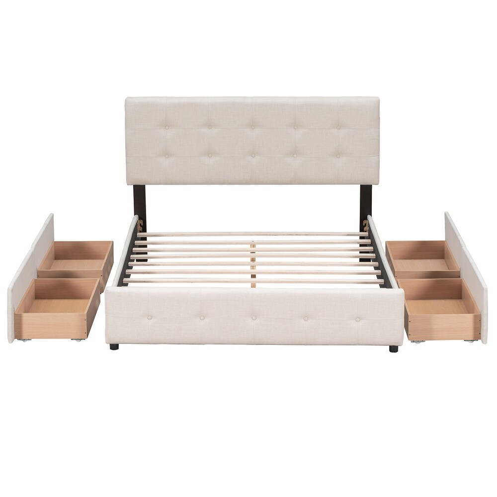 Upholstered Platform Bed with Classic Headboard and 4 Drawers  No Box Spring Needed  Linen Fabric  Queen Size  Light Beige