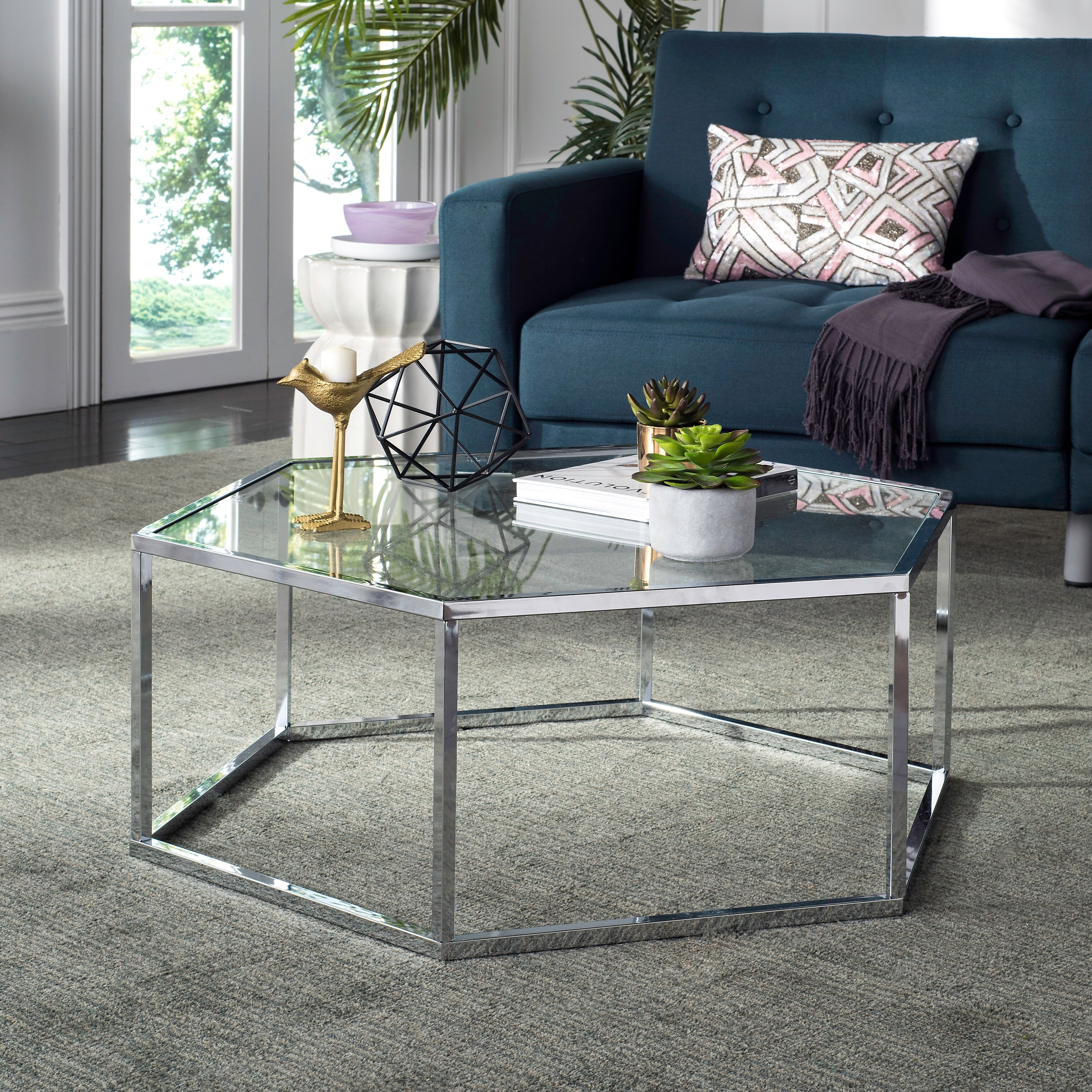 SAFAVIEH Eliana Glass Chrome Hexagon Coffee Table - 36.2