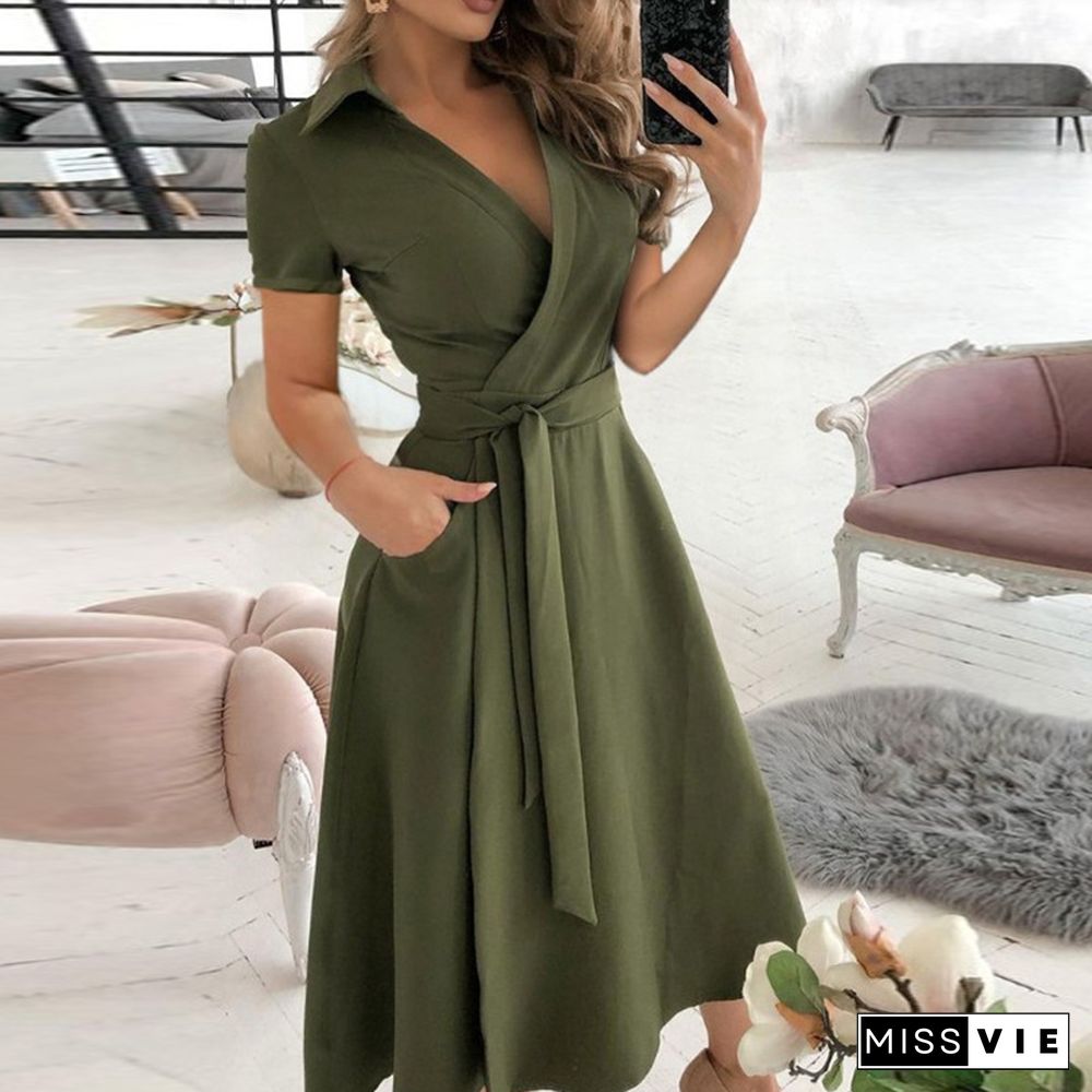 Women Elegant Sexy Off Shoulder Party Dress Summer Tie-Up A-Line Dress Office Lady Casual Short Sleeve Pocket Dress Vestido