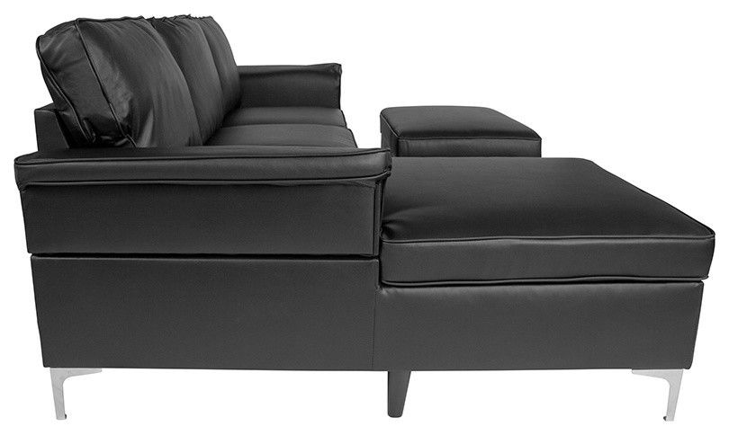 Plush Pillow Back Sectional  Left Side Facing Chaise  Ottoman Set  Black Leather   Contemporary   Sectional Sofas   by Morning Design Group  Inc  Houzz