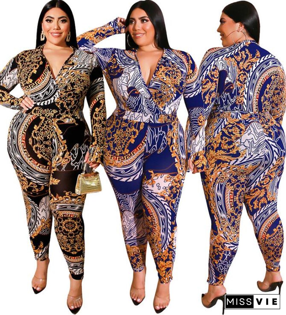 Stylish Printed Deep V Skinny Plus Size Jumpsuit