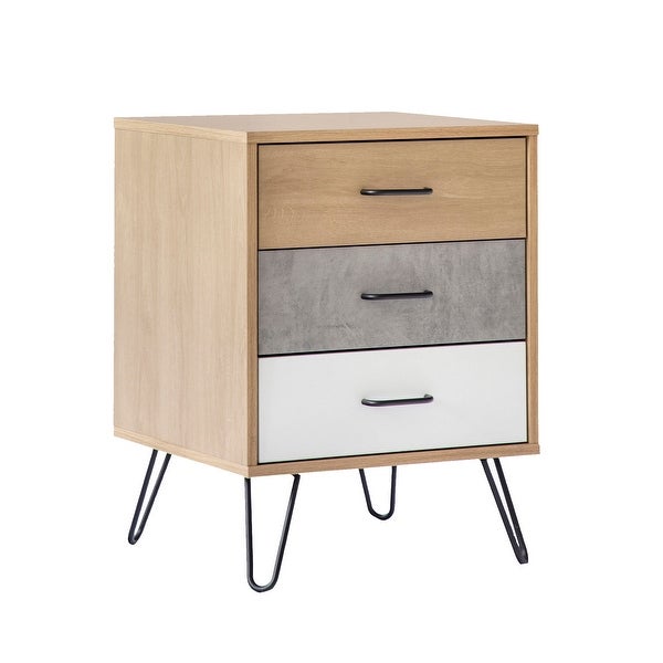 Harper 24 Inch Handcrafted Modern Tricolor Wood Nightstand， 3 Drawers， Metal Hairpin Legs， Oak， White， Gray