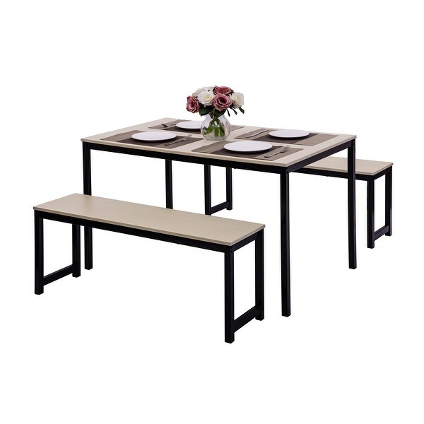 3 Piece Dining set with Two benches， Modern Dining Room Furniture， Beige