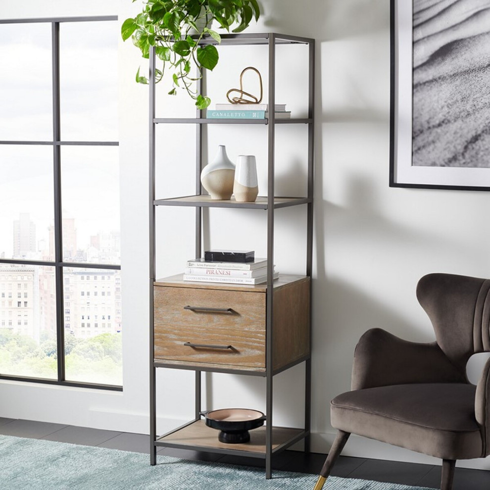 Braden 5 Shelf 1 Drawer Etagere Rustic Oak/ Gun Metal   Modern   Bookcases   by Virgil Stanis Design  Houzz