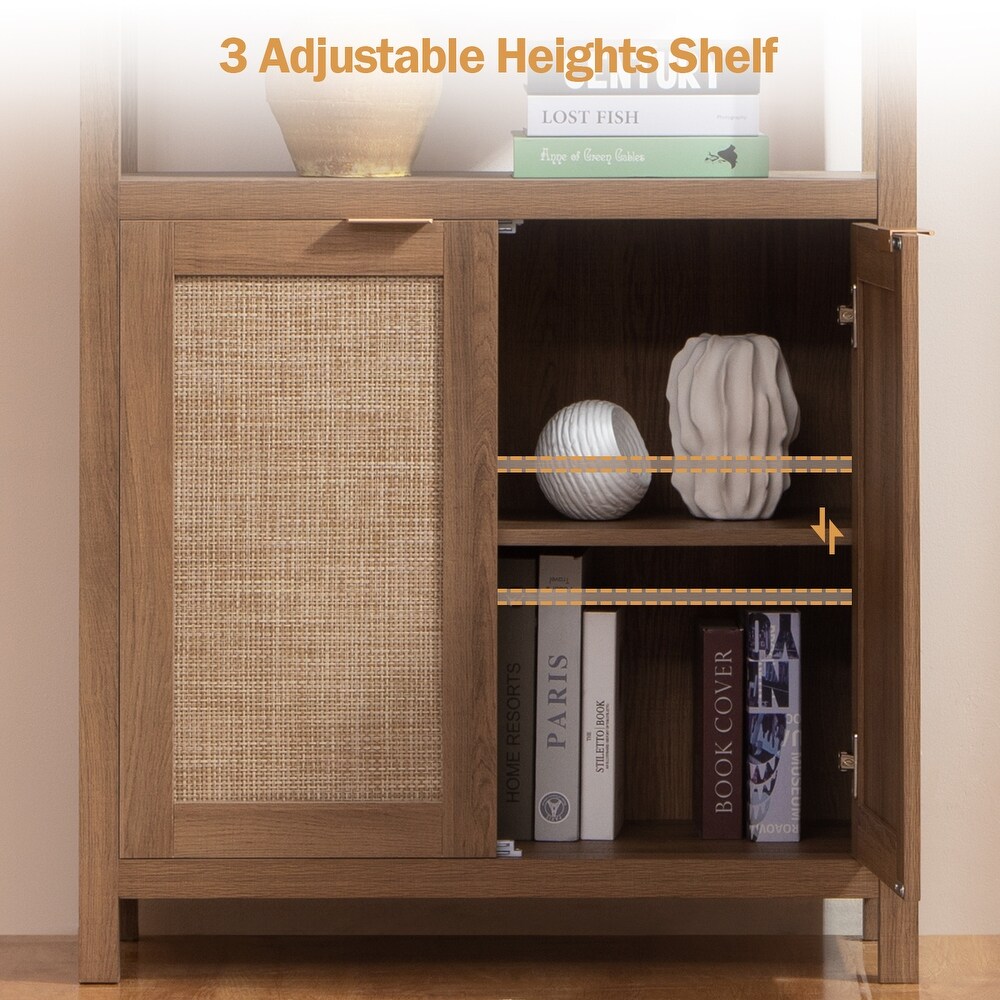 SICOTAS 5 Tier Adjustable Bookshelf with Rattan Storage Cabinet