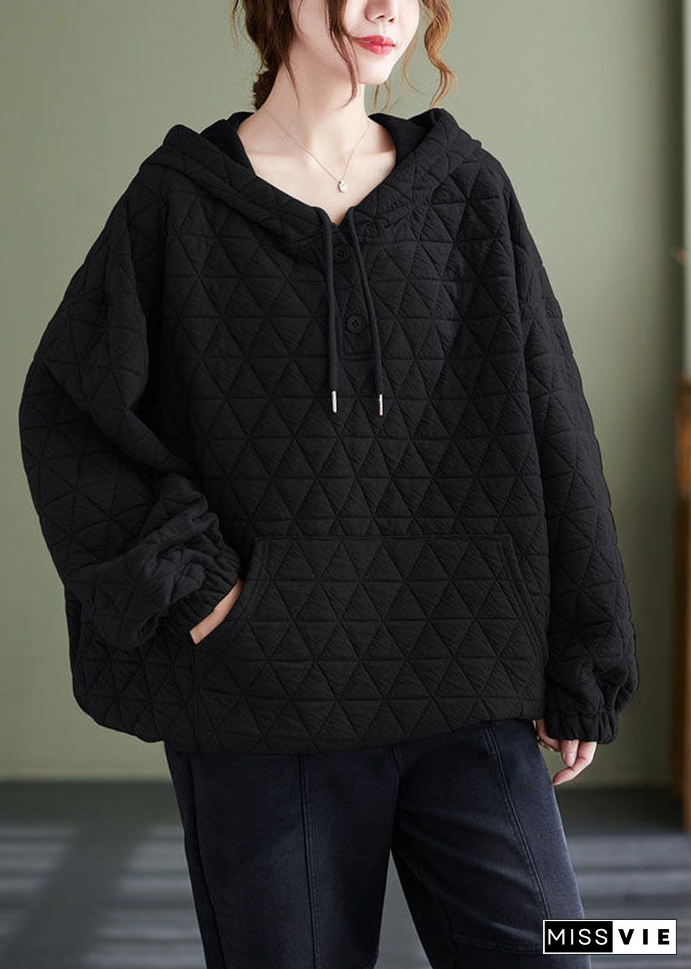 Organic Black Hooded thick Cotton Sweatshirts Top Winter