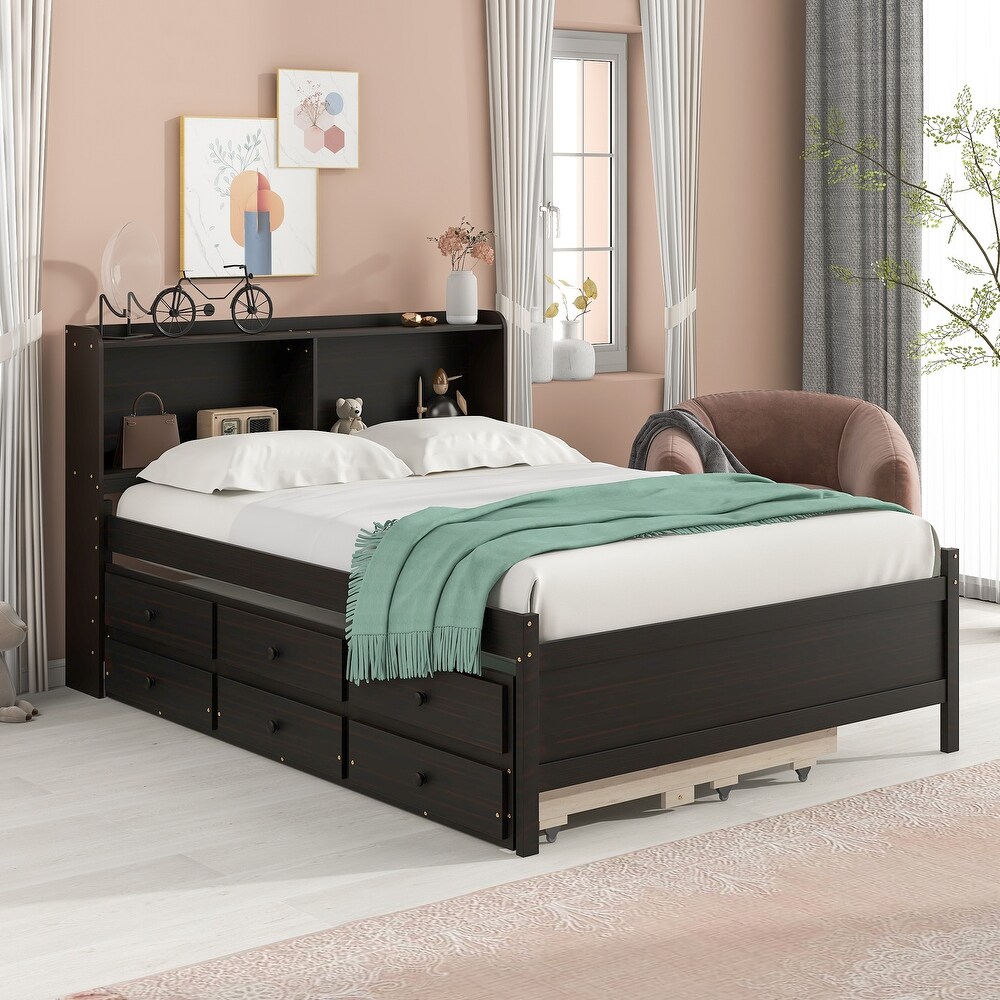 Full Size Bed with 3 Drawers  Twin Trundle  and Headboard Bookcase