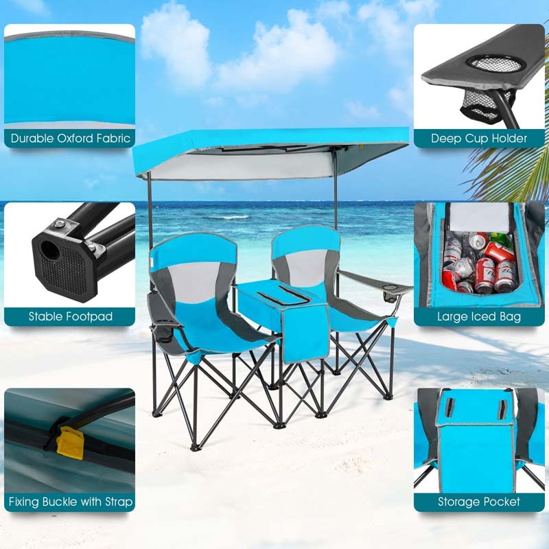 Double Sunshade Camping Canopy Chair with Mini Table, Cup Holder, Portable Folding Beach Chair with Canopy