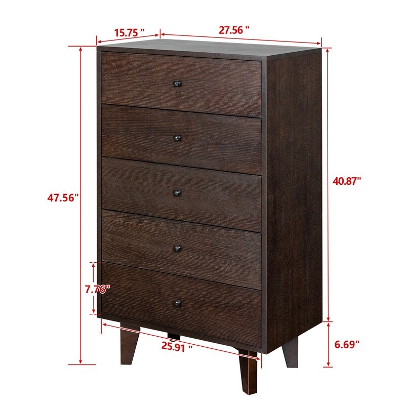 Retro Soild Wood 5 Drawers Dresser with Round Hndle