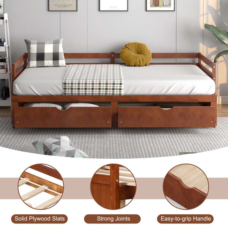 Extendable Twin to King Daybed with Trundle & 2 Storage Drawers, Dual-use Modern Sofa Bed with Roll Out Bed Frame