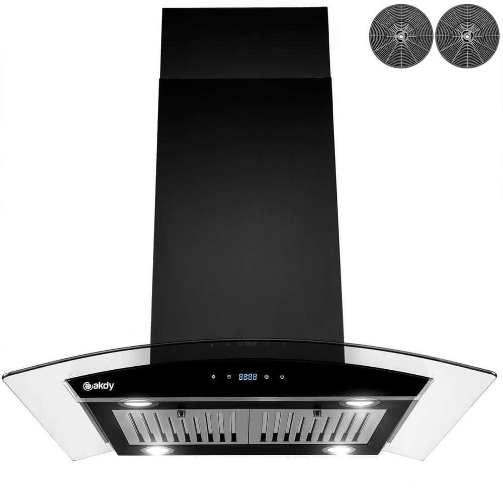 AKDY 30 in 343 CFM Convertible Kitchen Island Mount Range Hood in Black Painted Stainless Steel with Tempered Glass