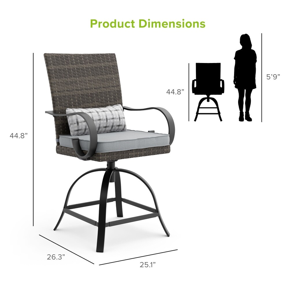 Mason 3 Piece Outdoor Patio Counter Height Firepit Bistro Dining Set with Swivel Chairs   Cushions   N/A