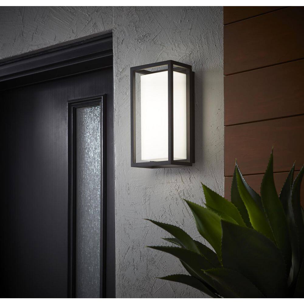 Home Decorators Collection Abbey Modern 1-Light Sand Black LED Hardwired Outdoor Wall Lantern Sconce with Acrylic White Shade (1-Pack) 23758