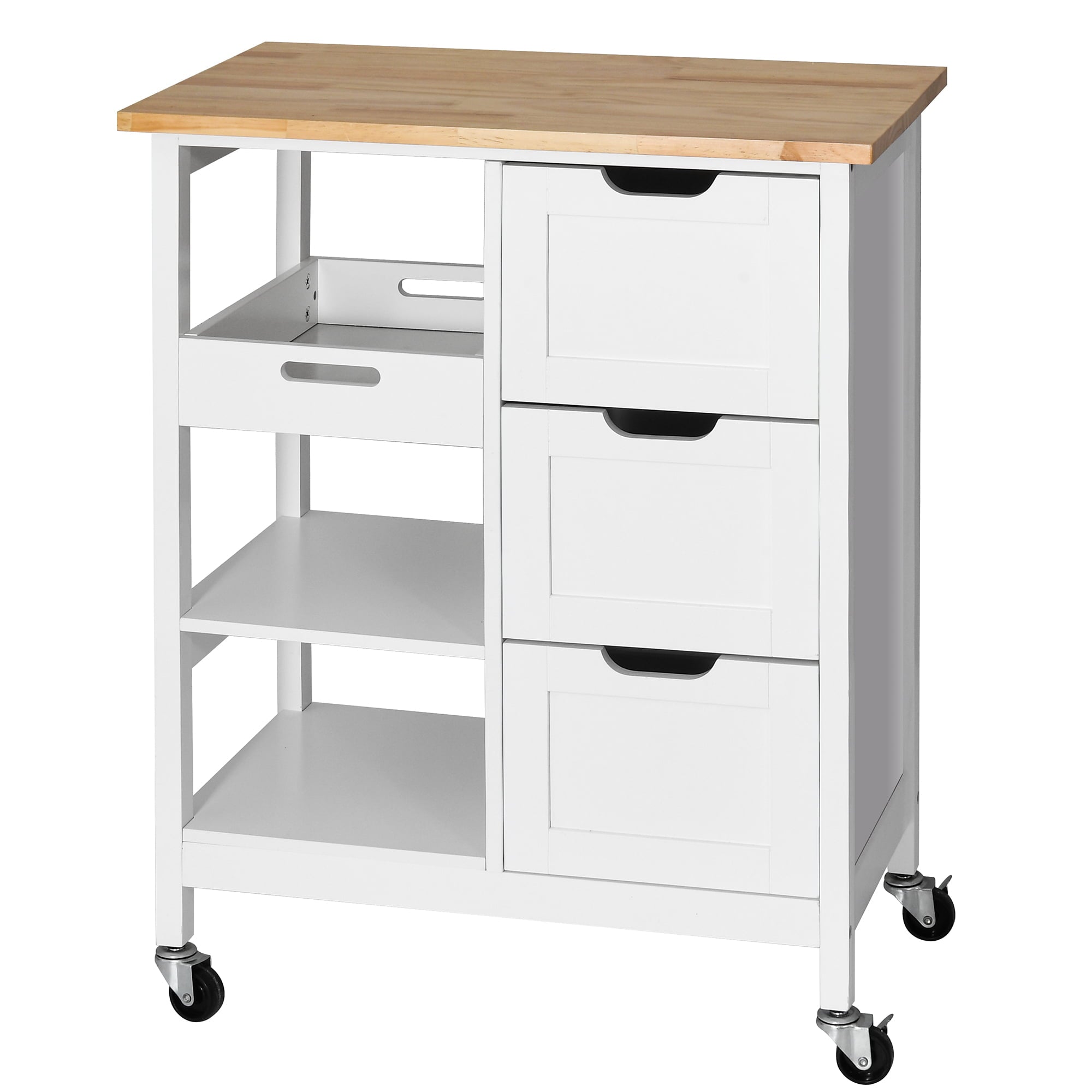 YITAHOME Mobile Rolling Kitchen Island Cart with Cabinet and Drawers and Towel Bar with 3 Drawers and 3 Storage Shelves， Solid Wood，White