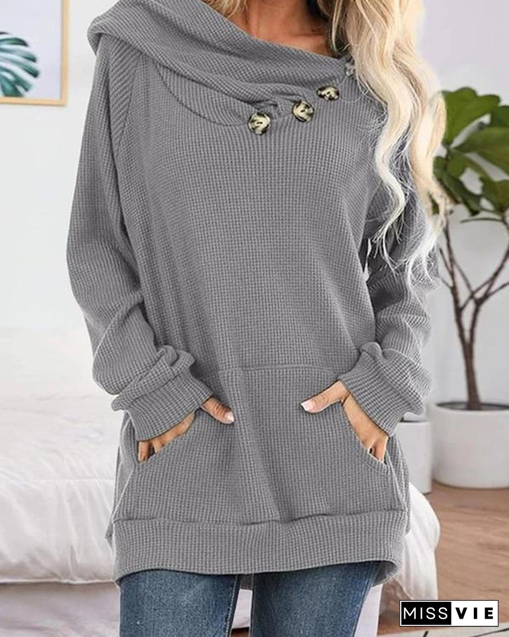 Asymmetry Button kangaroo Pocket Hoodie