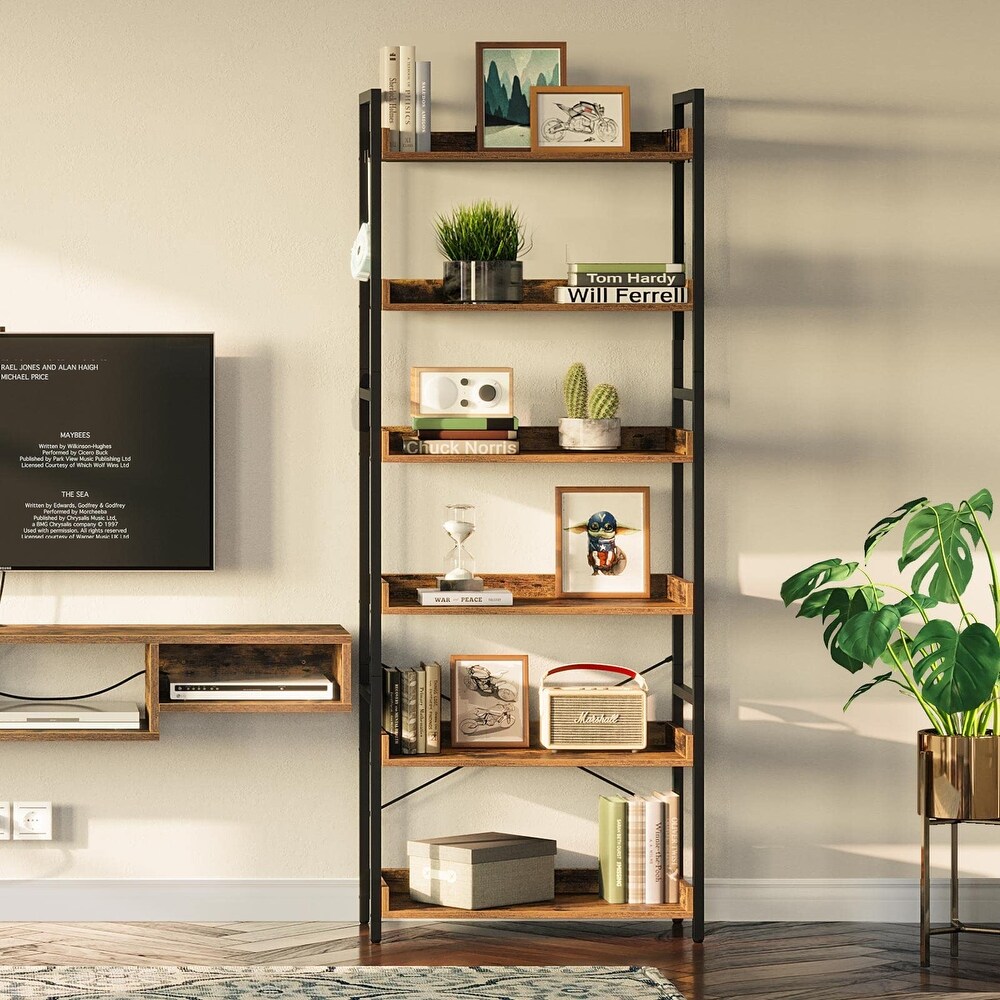 Bookshelf 6 Tier with 4 Hooks  Industrial Bookcase  Vintage Storage Rack with Open Shelves for Living Room  Bedroom