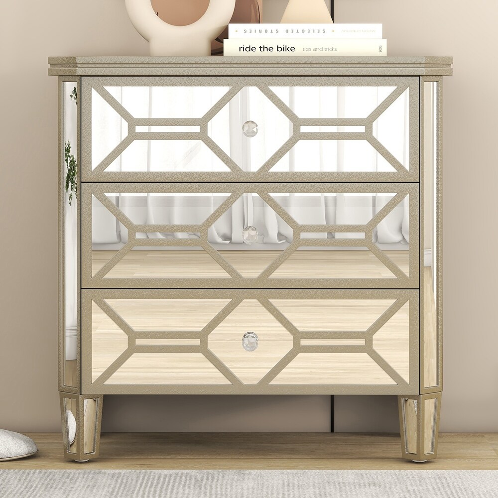 Mirrored 3 Drawer Chest with Golden Lines Storage Cabinet