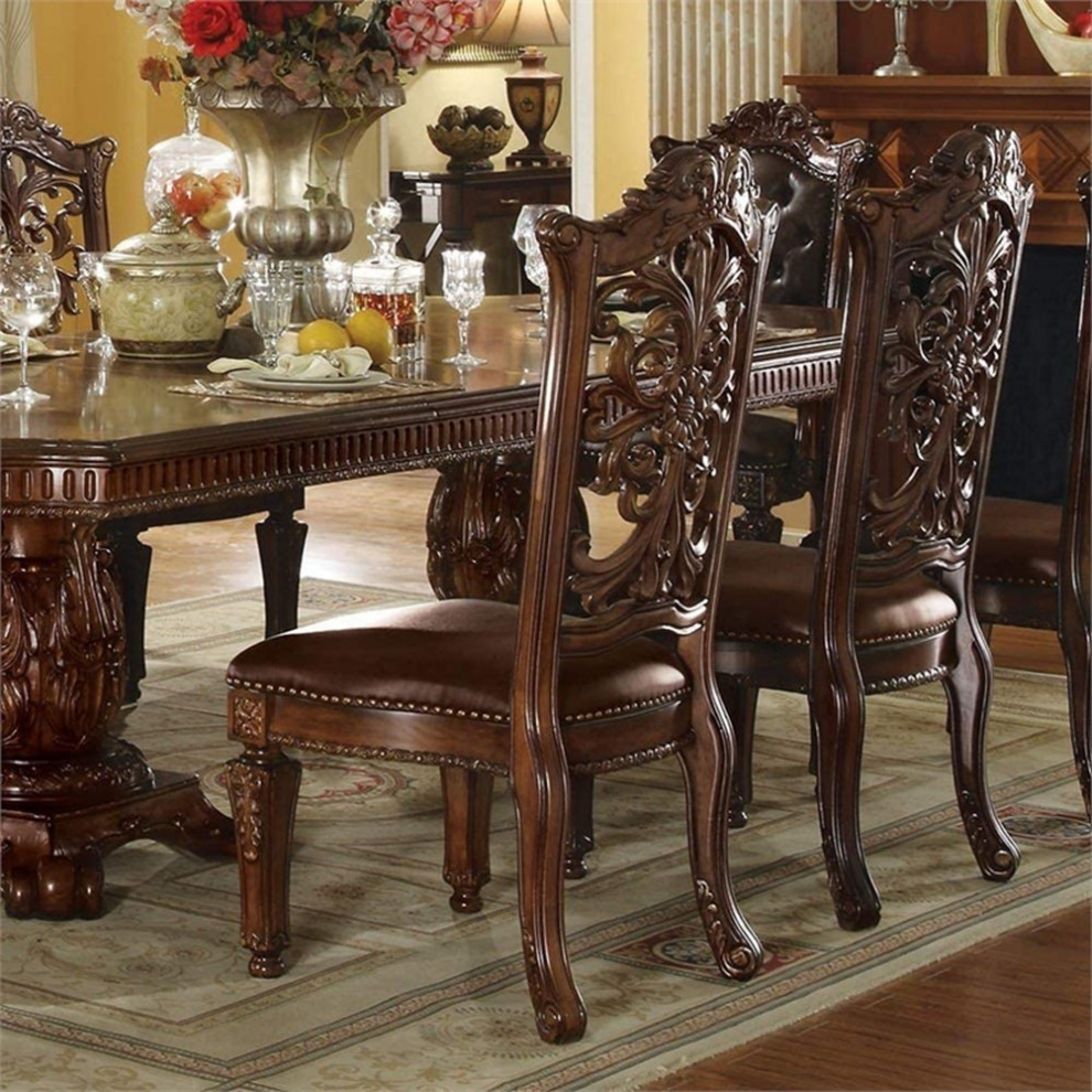 Bowery Hill Traditional Dining Side Chair in PU and Cherry (Set of 2)   Victorian   Dining Chairs   by Homesquare  Houzz