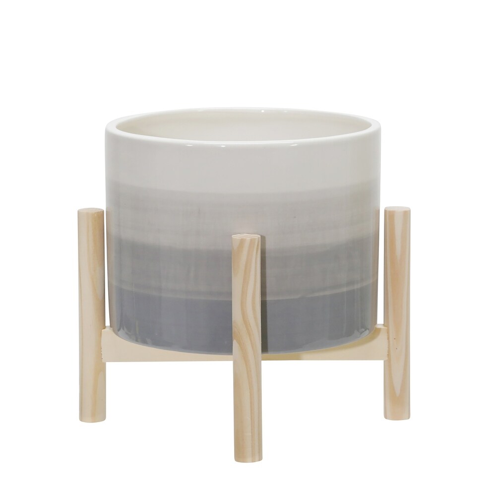 Grey Ombre Ceramic Planter with Wood Stand   8.0\