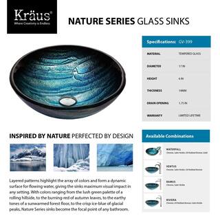 KRAUS Ladon Glass Vessel Sink in Blue with Waterfall Faucet in Satin Nickel C-GV-399-19mm-10SN