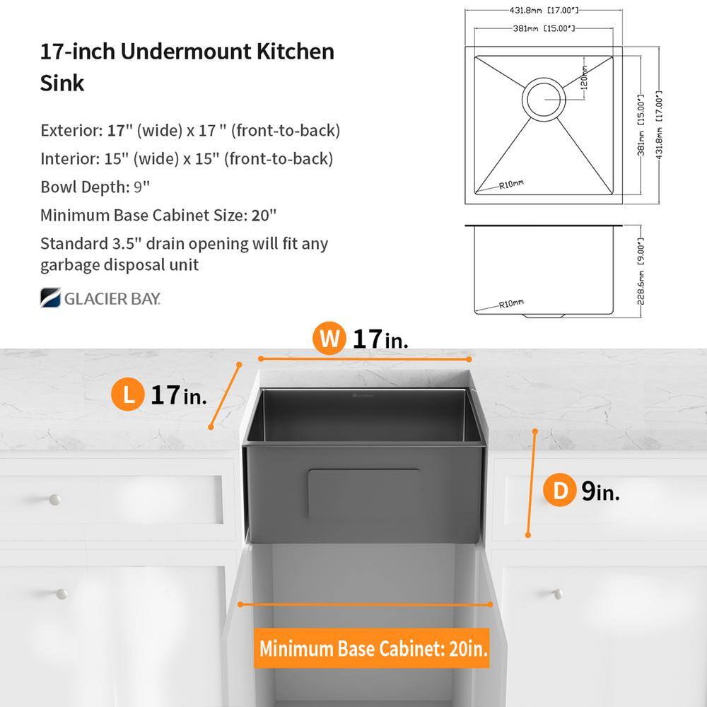 Glacier Bay Gunmetal Gunmetal Black Stainless Steel 17 in. 18-Gauge Single Bowl Undermount Bar Sink ACS1717A1H