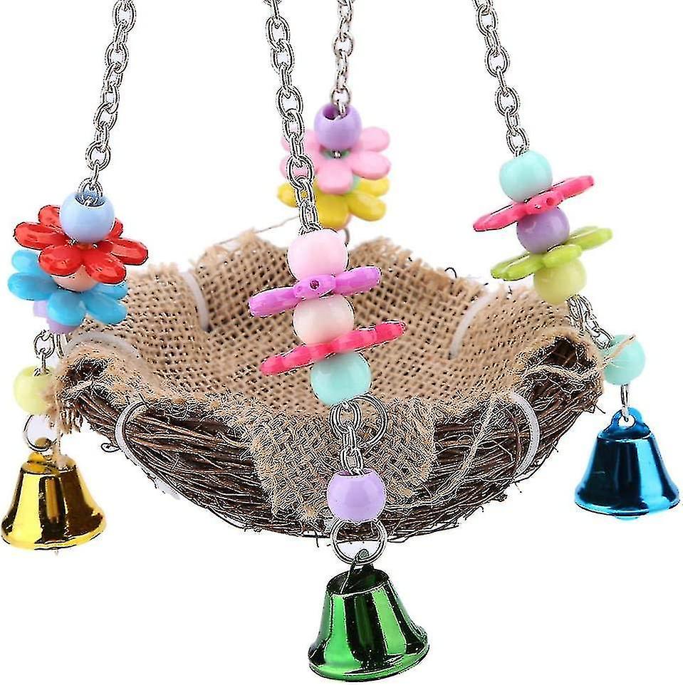 Bird Rattan Nest， Parrot Hanging Swing Toys With Bells Bird Cage Hammock For Cockatoo Maca