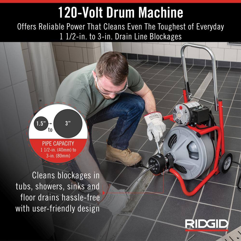 RIDGID K-400 AutoFeed Drain Cleaning Snake Auger 120-Volt Drum Machine and C-32IW 38 in. x 75 ft. Cable + Tool Set  Gloves 27008