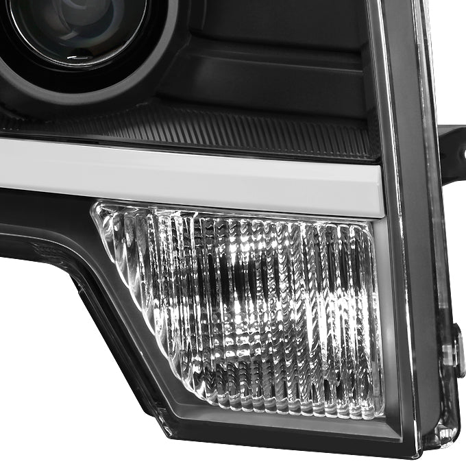 Fit [Halogen] 2009-2014 Ford F150 Black DRL LED Tube Projector Headlights