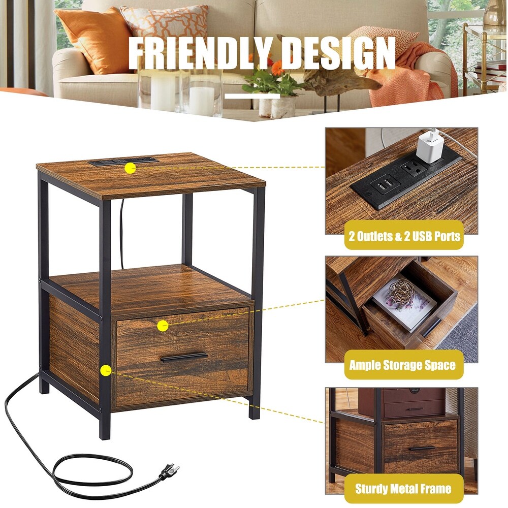 VECELO Mid Century Modern Nightstand with Charging Station USB Port