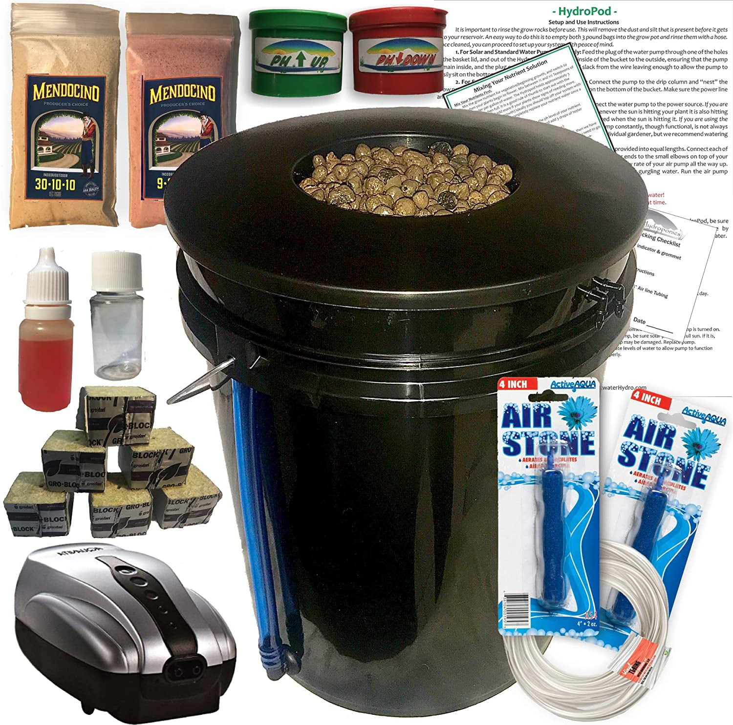 The Atwater HydroPod - A/C Powered DWC Deep Water Culture Hydroponic Garden System Kit - Bubble Bucket - Bubbleponics - Nutrients and pH Kit is Included! Grow Your Own! Start Today!