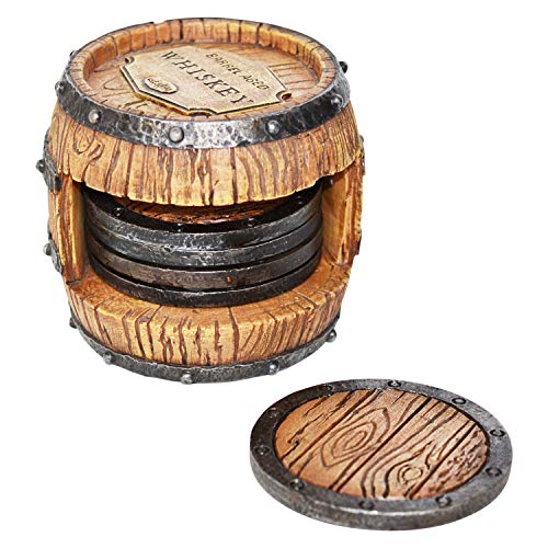 5pc Whiskey Bourbon Barrel Drink Coasters， Unique Bar Decor and Accessories， Beer and Whiskey Glass Coaster - Home Decorations for Dining Room or Home Bar - Modern Coaster Set with Holder for Man Cave