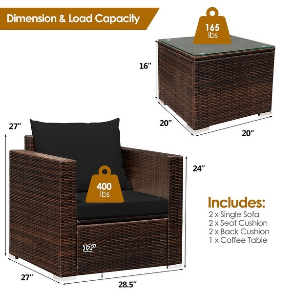 Costway 3PCS Patio Rattan Furniture Set Conversation Sofa Cushioned