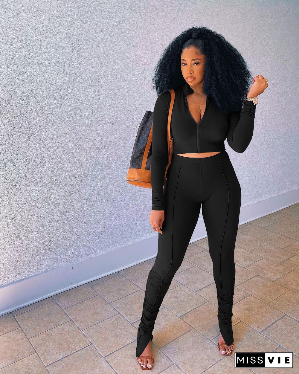 Long Sleeve Zip Crop Top Slim Pleated Pants Set