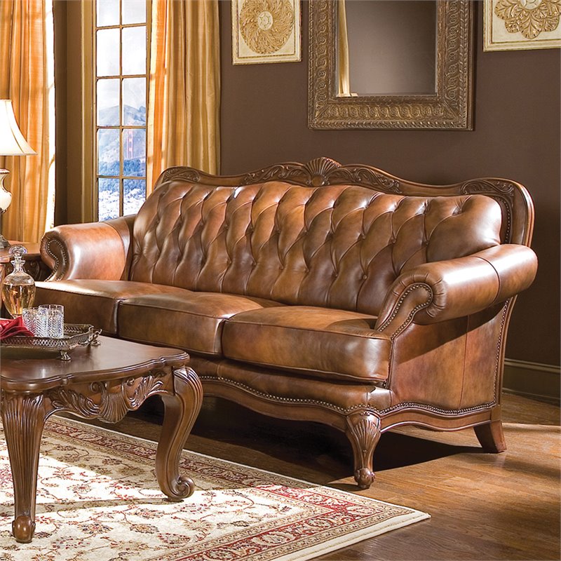 Kingfisher Lane Leather Tufted Sofa with Rolled Arms in Warm Brown