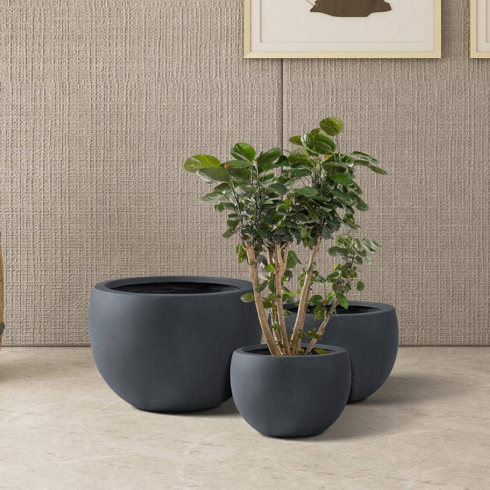 KANTE 13 in. Tall Charcoal Lightweight Concrete Round Outdoor Planter (Set of 3) RC0049ABC-C60121