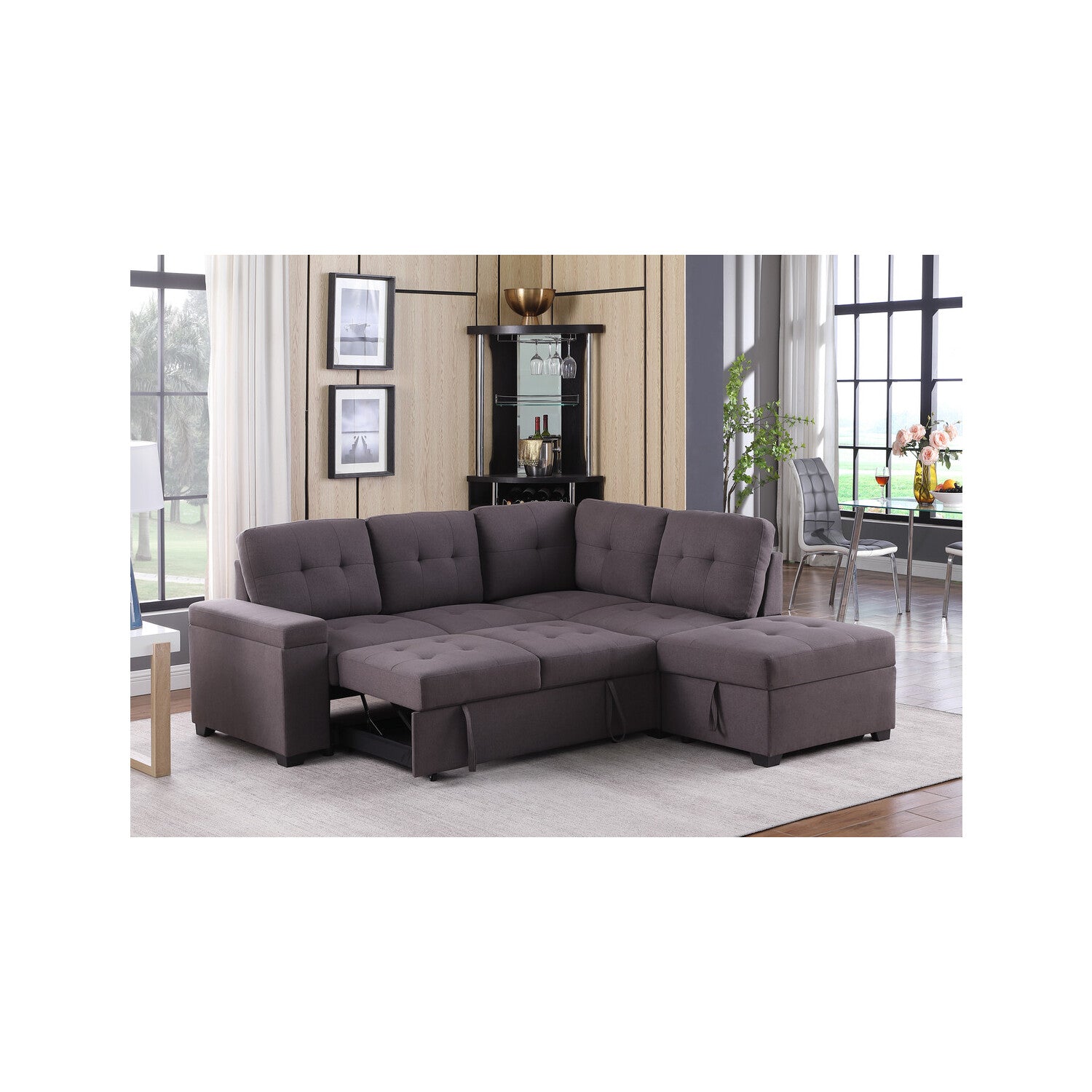 Katie Brown Linen Sleeper Sectional Sofa with Storage Ottoman, Storage Arm