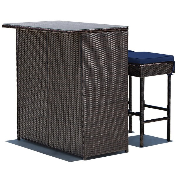 Costway Patio 3PCS Rattan Bar Table Stool Set Cushioned Chairs with