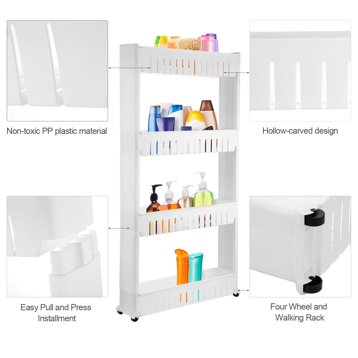 iMounTEK Slim Storage Cart Mobile Shelving Unit Organizer Slide Out Storage Rolling Utility Cart Tower Rack for Kitchen Bathroom Laundry Narrow Places，4 Tiers