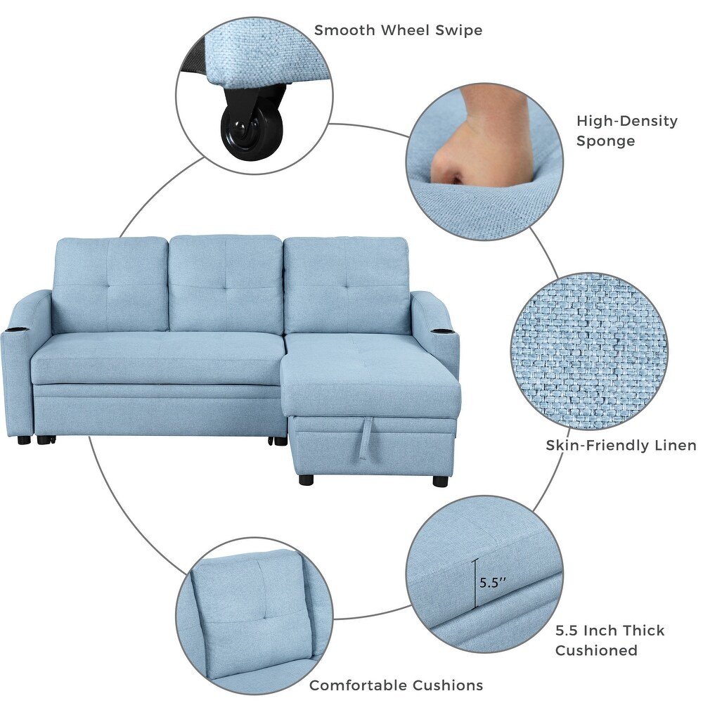 Pull Out Sofa Bed with Storage Chaise   Cup Holder